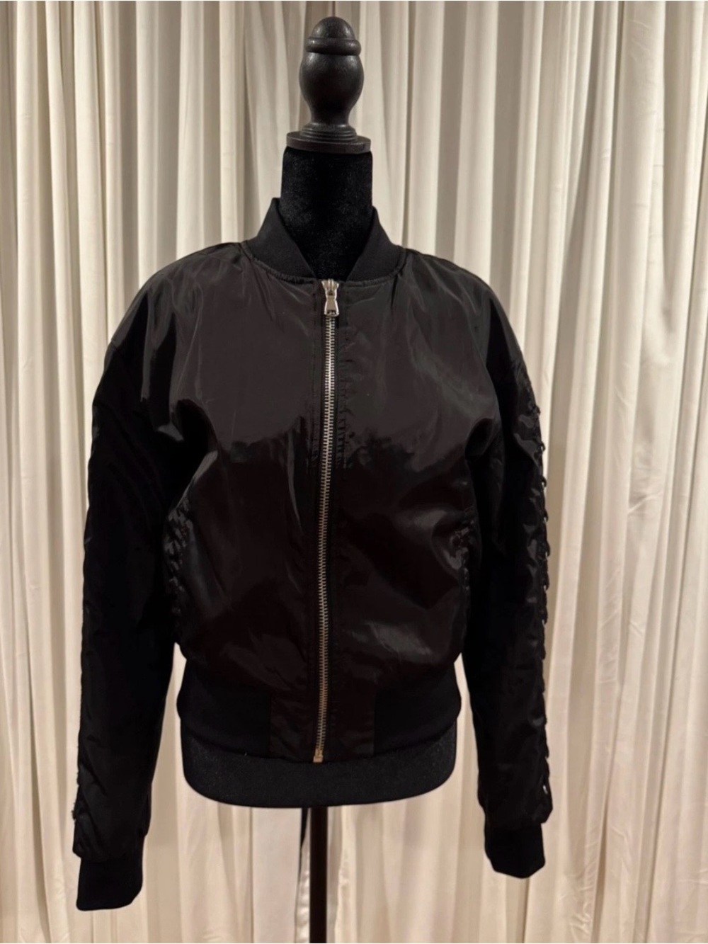 Ci Sono Black Bomber Jacket with Lace-Up Sleeve Detail